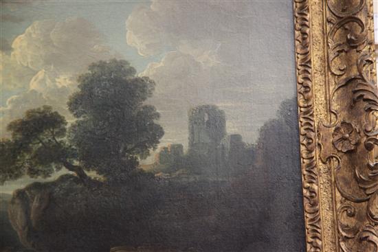 Attributed to Richard Wilson (1714-1782) River landscape with hilltop castle 16.5 x 23.25in.